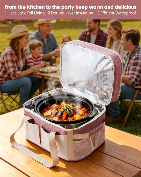 Heavy Duty Insulated Slow Cooker Carrying Bag 6 To 8 Quart Oval, Double Layer Travel Tote with stew and outdoor gathering