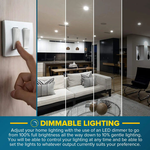 Dimming effect of Brighten Your Home With 8.5W BR30 LED Flood Bulbs, 800 Lumens, 3500K Natural White with dimmer switch in room setting.