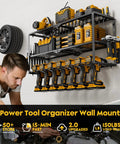 Heavy Duty Power Tool Organizer Wall Mount With 7 Drill Slots And Screwdriver Holder installed in garage with tools