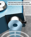 Close-up of precision mold shank hole in a blue 12 6 Inch Manual Arbor Press With Automatic Retraction for easy tool head installation.