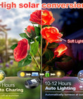 Solar Garden Lights Outdoor 10 Waterproof Fabric Roses 2 Pack Rad Red Led Flower Decorations showcasing charging and lighting.