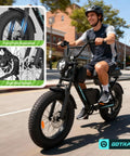Man riding R7 Electric Bike For Adults With 750W Motor Top Speed 25 MPH Up To 50 Mile Range Per Charge 20 Inch Fat Tires UL Certified