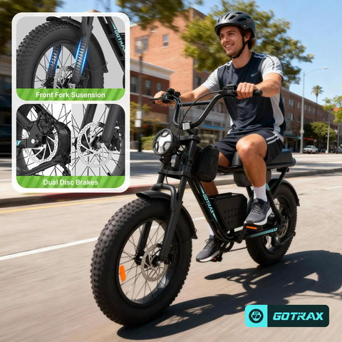 Man riding R7 Electric Bike For Adults With 750W Motor Top Speed 25 MPH Up To 50 Mile Range Per Charge 20 Inch Fat Tires UL Certified