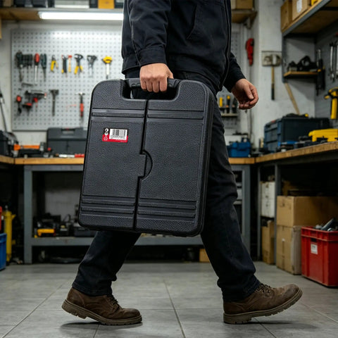 Person carrying All-In-One 140-Piece Home Tool Set For DIY And Home Repairs With Organized Storage Case in a workshop