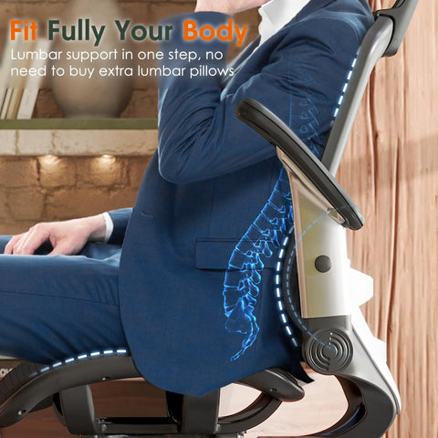 Man sitting in ergonomic office chair with high back and headrest, flip up armrests, lumbar support, black mesh design, side view.