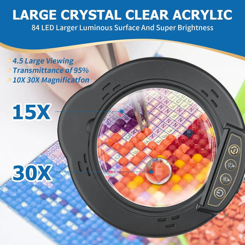Hands Free Magnifying Lamp With Light And Stand, 15X/30X Magnifier Glass displaying diamond painting details through lens
