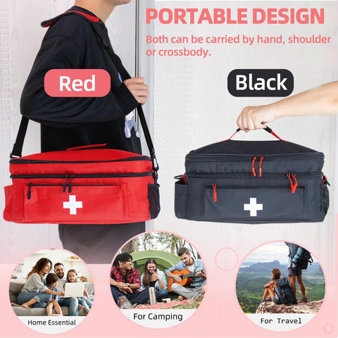 ALSLEA red and black first aid bags with white cross and shoulder strap; both versions shown.