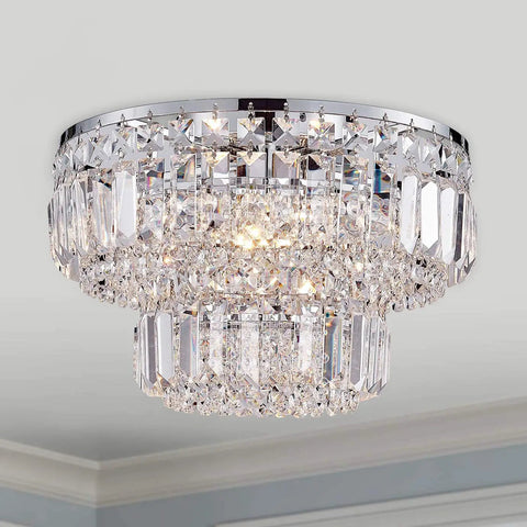 Lit Modern Chrome Crystal Flush Mount LED Chandelier Light Fixture For Dining Room Living Room Bedroom And Bath 4 G9 Bulbs Required 13 Inch Diameter And 9 Inch Height