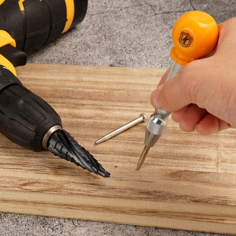 Cobalt Step Drill Bit Set With Center Punch by MulWark TiAlN Coated Unibit on wooden slab with drill and nail