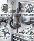 Universal Inline Fuel Filter Kit With Clear View Filter For Three Sixteenth Inch 5mm Fuel Lines Includes Hose Clamps Fits Motorcycle ATV Dirt Bike And Small Gas Engines 304 Stainless Steel Filtration, shown with transparent housing and metal elements.