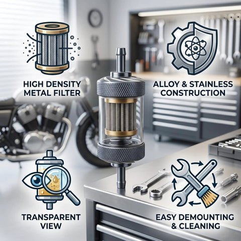 Universal Inline Fuel Filter Kit With Clear View Filter For Three Sixteenth Inch 5mm Fuel Lines Includes Hose Clamps Fits Motorcycle ATV Dirt Bike And Small Gas Engines 304 Stainless Steel Filtration, shown with transparent housing and metal elements.