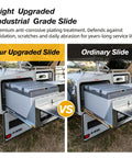 Heavy Duty Locking Drawer Slides With Full Extension Design And Smooth Glide Action Built Tough For Zero Hassle Mounting And Capable Of Handling Up To Five Hundred Pounds Of Heavy Storage Items, comparison of upgraded vs ordinary slide.