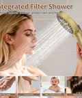 Iriber Brushed Gold Shower System Faucet Set, Filtered Handheld shower with water flowing over model's hair.