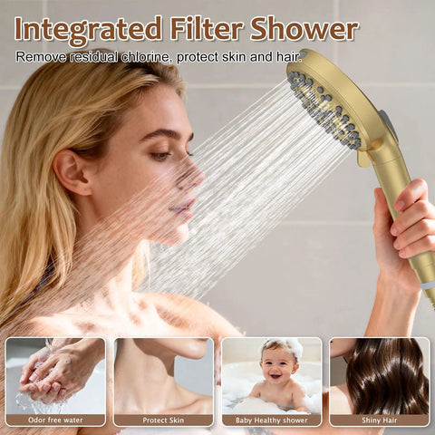 Iriber Brushed Gold Shower System Faucet Set, Filtered Handheld shower with water flowing over model's hair.