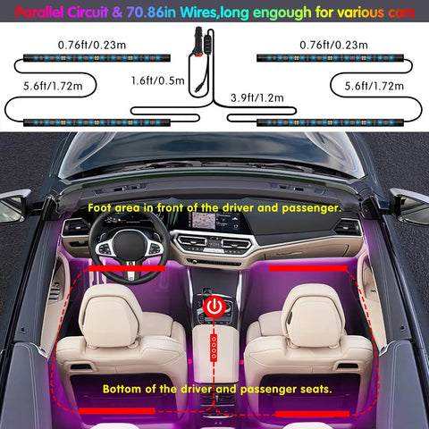 Interior Car Lights With App Control And Remote RGB Under Dash LEDs With Music Sync installed in car highlighting wiring layout