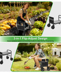 Three In One Rollin Garden Stool With 360 Degree Wheels Foldable Kneeler And Seat Extendable Legs Thick Cushioned Pad And Built In Tool Pouches Heavy Duty Garden Bench For Seniors Converts From Kneeler To Cart To Stand Up Seat shown in use in garden