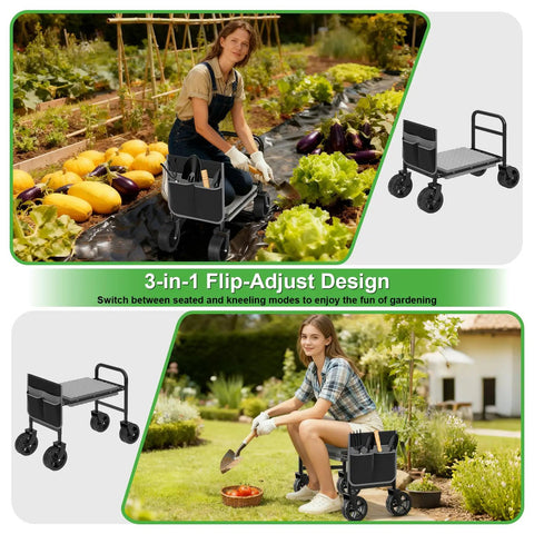 Three In One Rollin Garden Stool With 360 Degree Wheels Foldable Kneeler And Seat Extendable Legs Thick Cushioned Pad And Built In Tool Pouches Heavy Duty Garden Bench For Seniors Converts From Kneeler To Cart To Stand Up Seat shown in use in garden