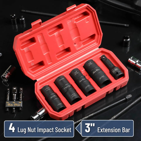 Lug Nut Impact Socket Set One Half Inch Drive With Four Dual Ended Sockets 21mm And 22mm Plus Three Inch Extension Bar in case