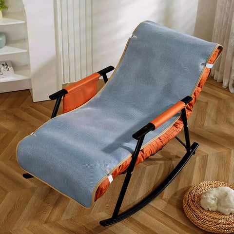 Premium Adjustable Elastic Strap Holders For Recliner Sofa Couch And Loveseat Slipcovers Keep Your Cushion Covers Locked Down Tight No More Slipping With Super Grippy Black Bands Hassle Free Quick Setup on a rocking lounge chair.