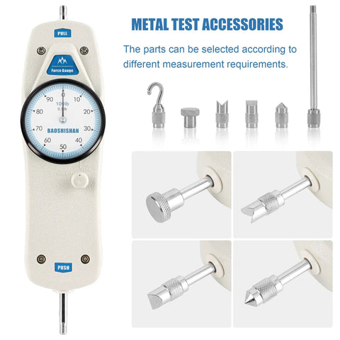Pro Grade 100 Pound Push Pull Force Gauge With Calibration Certificate Tough ABS Shell Precise 0.5 Pound Resolution 10mm Stroke Great For Tension And Compression Testing Backed By Real Tech Support, with metal test accessories