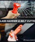 All In One Car Emergency Safety Kit With Portable Air Compressor Jump Cables First Aid Kit Tire Pressure Gauge Flashlight And More Roadside Gear For Women Men Teens Travel Ready, showing glass hammer and seatbelt cutter breaking a windshield.