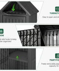 Durable Outdoor Deck Box Storage Shed With Removable Shelves And Twelve Hooks For Garden Pool Patio Waterproof Resin Cabinet With Lock Ring Vertical Space Saver Built For Easy No Mess Storage, detailed view of features and hooks.