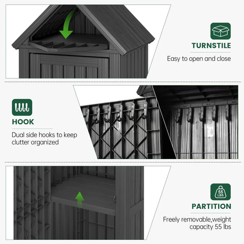 Durable Outdoor Deck Box Storage Shed With Removable Shelves And Twelve Hooks For Garden Pool Patio Waterproof Resin Cabinet With Lock Ring Vertical Space Saver Built For Easy No Mess Storage, detailed view of features and hooks.