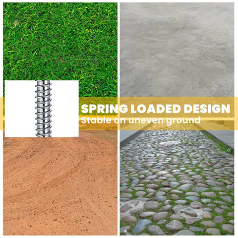 Image showing spring-loaded design of Heavy Duty Gate Wheel Spring Loaded Casters on grass, concrete, sand, and cobblestone surfaces.