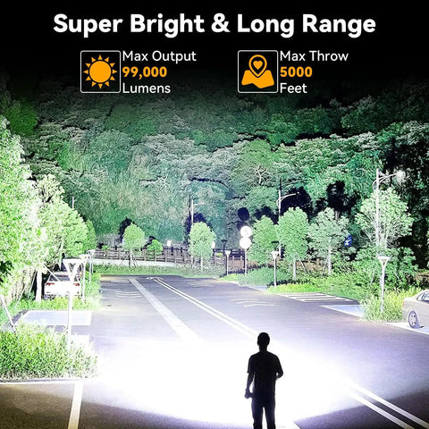 Rechargeable 2,000,000 Lumen Spotlight Flashlight With COB Light illuminating a road and trees in dark