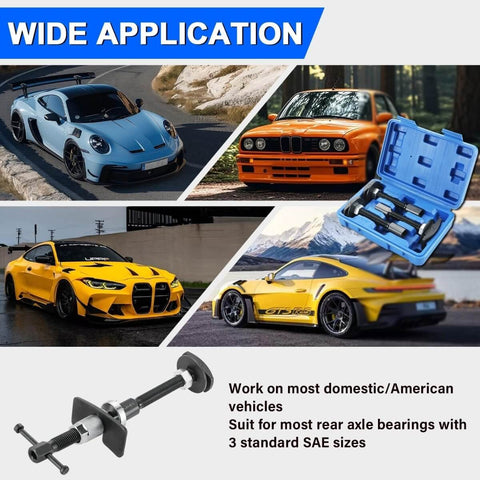 Rear Axle Bearing Puller Kit With Three Size Adapters and carrying case on display with cars in background