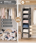 Comparison of messy closet vs. Heavy Duty Six Shelf Hanging Closet Organizer With Roomy Side Pockets And Foldable Design.
