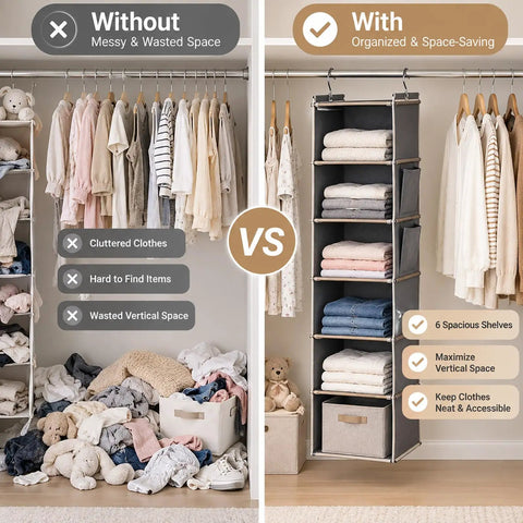 Comparison of messy closet vs. Heavy Duty Six Shelf Hanging Closet Organizer With Roomy Side Pockets And Foldable Design.