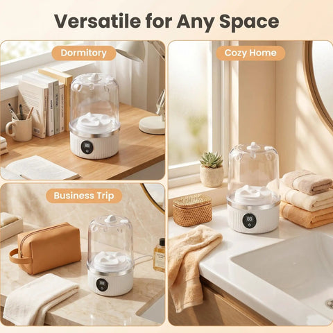 Pocket Sized Rechargeable Mini Washing Machine Wash Your Damp Threads With Ease For Gym Kits Socks Undies And Baby Rags Quick Travel Laundry Hack, shown in cozy home and dorm settings.