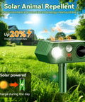 Motion Sensor Ultrasonic Outdoor Animal Deterrent With LED Strobe Lights For Cats, Dogs, Deer, Fox, Raccoon, Squirrel, Skunk And Rabbit For A No Fuss Lawn Yard Wildlife Repeller 2 Pack, solar-powered green ABS unit on stake
