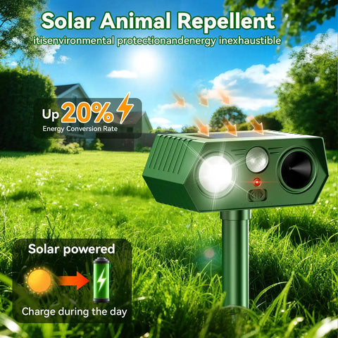 Motion Sensor Ultrasonic Outdoor Animal Deterrent With LED Strobe Lights For Cats, Dogs, Deer, Fox, Raccoon, Squirrel, Skunk And Rabbit For A No Fuss Lawn Yard Wildlife Repeller 2 Pack, solar-powered green ABS unit on stake