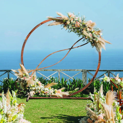 Wooden Wedding Arch Backdrop Stand 7.4 Ft For Outdoor Ceremonies Garden Arbor Trellis with flowers and ocean view