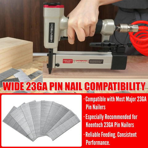 7200 Piece 23 Gauge Pin Nails In Six Assorted Lengths For Pneumatic Tools with Keentech nailer on wood.