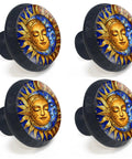 Sun And Moon Cabinet Knobs 4 Pack For Kitchen And Bathroom Boho Stained Glass Drawer Pulls With Gold Sun Face And Blue Crescent Moon Design