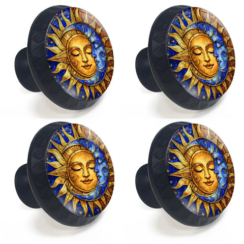 Sun And Moon Cabinet Knobs 4 Pack For Kitchen And Bathroom Boho Stained Glass Drawer Pulls With Gold Sun Face And Blue Crescent Moon Design