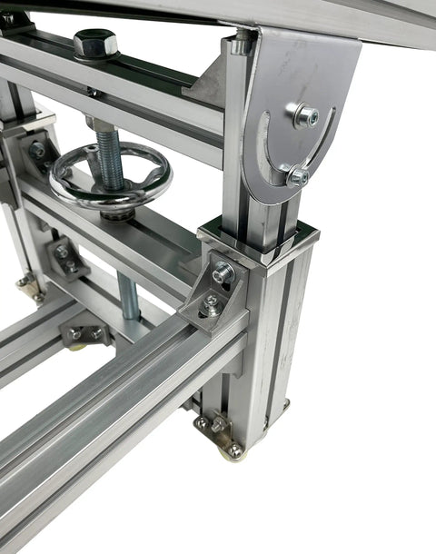 Detailed view of adjustable aluminum frame on Badass Inclined Conveyor System With Non Slip PVC Belt Tilt Action For Warehouse Moves.