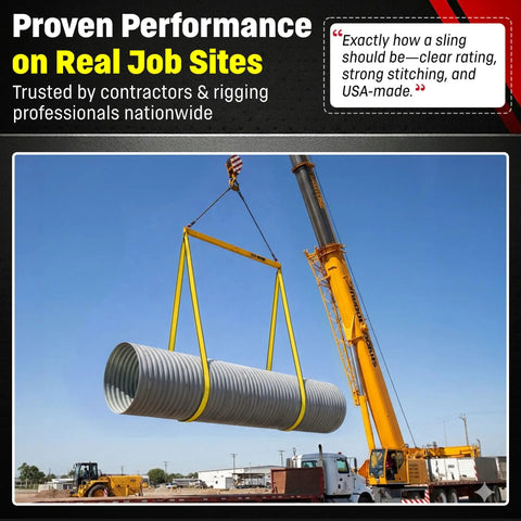 Heavy Duty 1 Inch By 3 Foot Nylon Eye And Eye Rigging Sling Straight Up Built Tough For 3200 Lb Vertical Lifts lifting a large pipe.