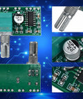 Set Of Four Mini 5V Digital Audio Amplifier Modules With Potentiometer, close-up views showing components and compact design.