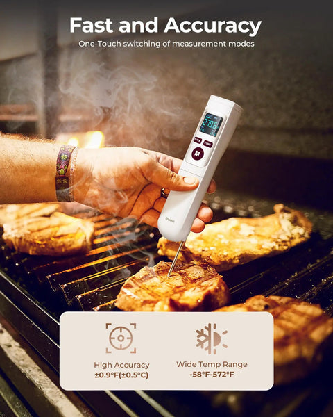 Using 2-In-1 Infrared Thermometer Gun With Meat Probe Handy Digital Laser Temp Meter for grilling steak on BBQ grill
