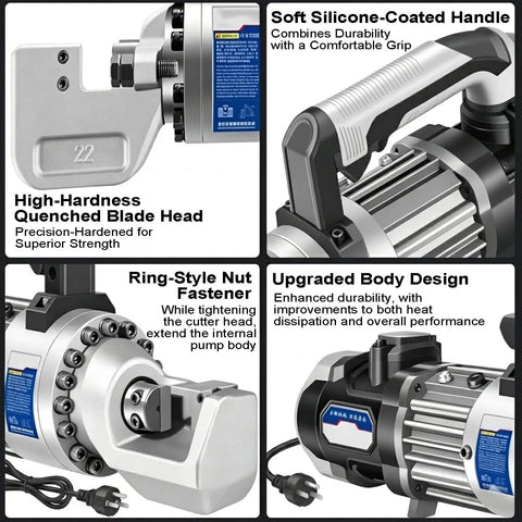 1000W Electric Hydraulic Rebar Cutter With Heavy Duty Pure Copper Motor And Hardened Quenched Head For Smooth Cutting 4-16Mm Steel Rods showing high-hardness blade head and silicone-coated handle.