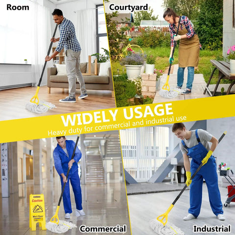 Heavy Duty Commercial Cotton String Mop With 59 Inch Handle And Replaceable Head Top Shelf Wet Floor Scrubber being used in various settings for effective cleanup.