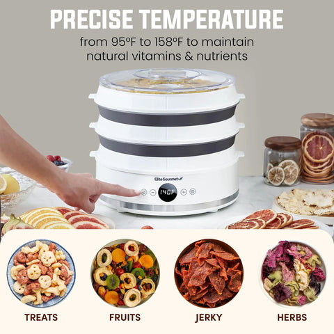 Top Shelf Digital Food Dehydrator With Five Spacious Drying Trays No Sweat Adjustable Timer Spanning Up To Forty Eight Hours And Sweet Even Airflow For Dang Good Dried Fruit Bites with stacked trays and displayed snacks.