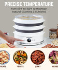 Top Shelf Digital Food Dehydrator Featuring Five Collapsible Trays With Smart Temperature Controls And Built In Timer For Hella Smooth Even Airflow Drying Tech All Season Long with herbs, treats, and fruits.