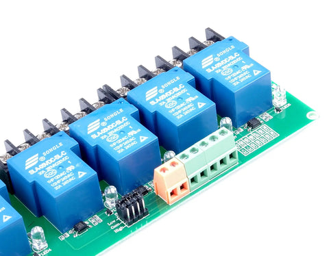 Close-up of blue 8 Channel Relay Module with Optocoupler Isolation for PLC Automation Control, 30A Load, green PCB board visible