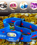 Blue hands free headlamp with adjustable lighting modes, 165 lumen, battery powered, waterproof, impact resistant design.