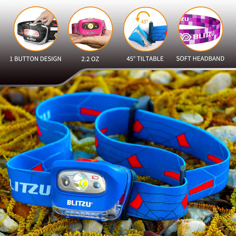 Blue hands free headlamp with adjustable lighting modes, 165 lumen, battery powered, waterproof, impact resistant design.